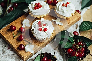 Beautiful chocolate cupcakes with white protein cream and cherry