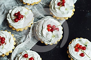 Beautiful chocolate cupcakes with white protein cream and cherry