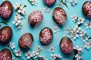 Beautiful chocolate easter eggs with cherry flowers flat lay on blue background. Modern minimal Easter wallpaper, holiday banner.