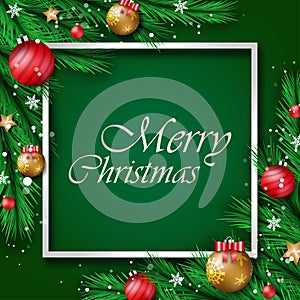 Beautiful Chrismas green background with border of pine tree, gold stars, snow flake, decorative ball.Merry Christmas and happy