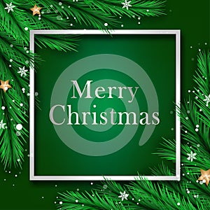 Beautiful Chrismas green background with border of pine tree, gold stars, snow flake, decorative ball.Merry Christmas and happy