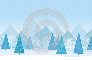 Beautiful Chrismas winter flat landscape background. Christmas forest woods with mountains. New Year winter vector