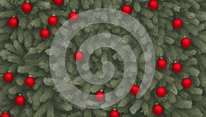 Beautiful Christmas background with a border of fir branches, red baubles