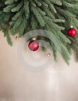 Beautiful Christmas background with a border of fir branches, red baubles, pine cones