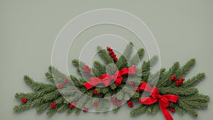 Beautiful Christmas background with a border of fir branches, red baubles, pine cones