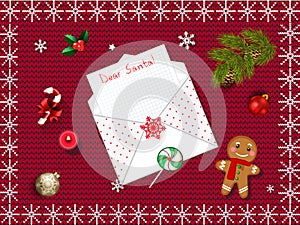 Beautiful Christmas background with open envelope and wish list