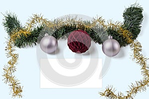 Beautiful Christmas balls decorations isolated on blue background. Postcard. Christmas and New Year holidays concept background