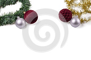 Beautiful Christmas balls decorations isolated on white background. Postcard.