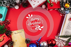 Beautiful christmas banner on a red background, top view frame, finished layout