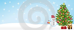 Beautiful christmas banner with snowman and decorate christmas tree. Vector illustration II.