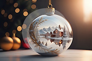 Beautiful Christmas bauble with a Winter Wonderland landscape and gold accents.