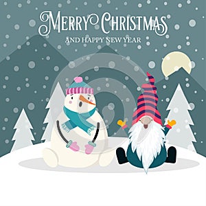 Beautiful Christmas card with gnome and snowman