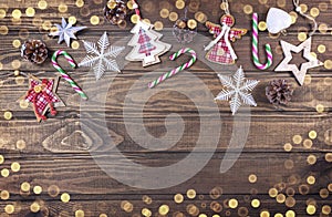 Beautiful Christmas composition on wood background with Christmas decorations