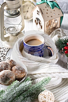 Beautiful christmas concept with sweets hot coffee and accessories