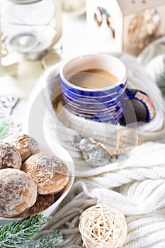 Beautiful christmas concept with sweets hot coffee and accessories