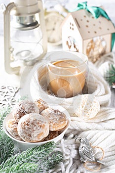 Beautiful christmas concept with sweets hot coffee and accessories