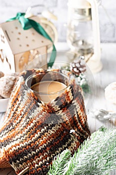 Beautiful christmas concept with sweets hot coffee and accessories