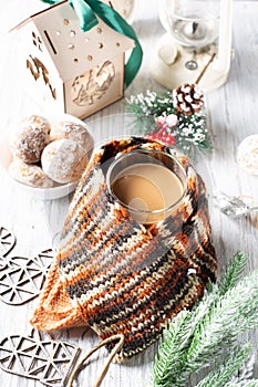 Beautiful christmas concept with sweets hot coffee and accessories