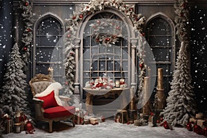 Beautiful Christmas Decoration Interior Room, Christmas Tree, Gifts, and Fireplace Backdrop Illustration