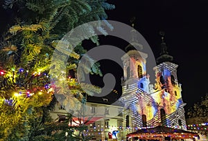 Beautiful Christmas decorations and Mariahilfer church , at night, in the city center of Graz, Styria region, Austria