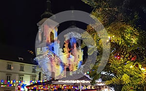 Beautiful Christmas decorations and Mariahilfer church , at night, in the city center of Graz, Styria region, Austria