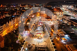 Beautiful Christmas fair in the old town of Gdansk at night, Poland