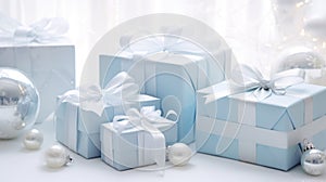 Beautiful Christmas gift boxes. Boxing Day Sale Shopping, Offer Concept. Holiday festive decorated presents with bows