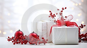 Beautiful Christmas gift boxes. Boxing Day Sale Shopping, Offer Concept. Holiday festive decorated presents with bows