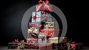 Beautiful Christmas gift boxes. Boxing Day Sale Shopping, Offer Concept. Holiday festive decorated presents with bows