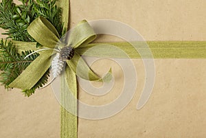 Beautiful Christmas gift wrapped in recycled wrapping paper with natural botanical decorations.