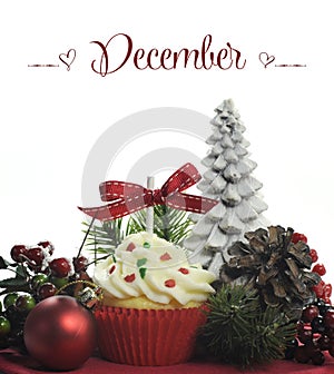 Beautiful Christmas holiday theme cupcake with seasonal flowers and decorations for the month of December photo