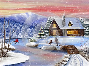 Beautiful Christmas landscape in winter.