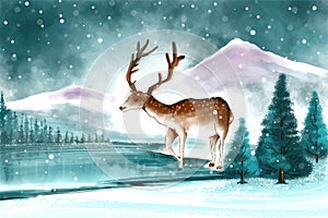 Beautiful christmas landscape in winter with christmas deer card background