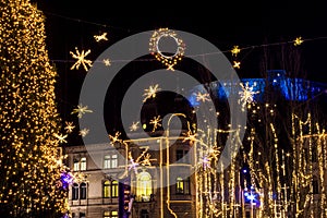 Beautiful Christmas lights, decorations in street in Ljubljana, Slovenia