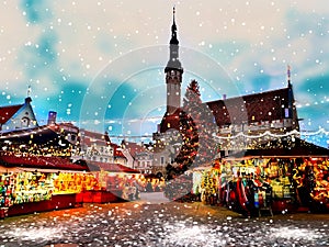 Beautiful Christmas marketplace In Tallinn old town square panorama   , full moon on night sky , tree light decoration , new year