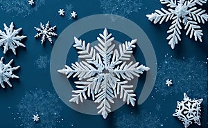 Beautiful christmas snowflake decoration with a snowflake star on a blue background with space for copy