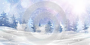 Beautiful christmas, snowy woodland landscape with snow covered firs, coniferous forest, falling snow, snowflakes for