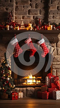 Beautiful Christmas socks with gifts near fireplace on wooden table in room