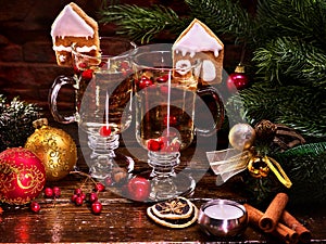 Beautiful Christmas still life with two glasses of hot punch.