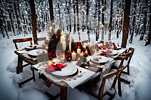 Beautiful Christmas table in the forest Ai Generated