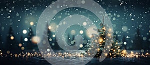 Beautiful Christmas tree in abstract lights bokeh background. Copy space for text