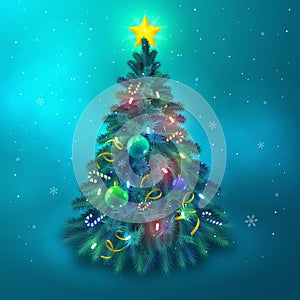 Beautiful christmas tree decorated with star baubles and lights background flat vector illustration