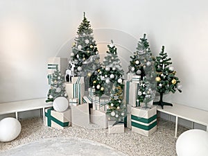 Beautiful christmas tree with decoration and gift boxes set