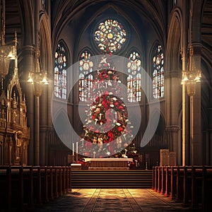 Beautiful Christmas tree in a dimly lit Cathedral