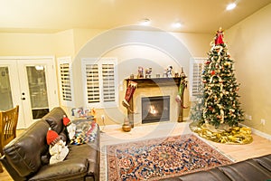 Beautiful Christmas tree and fireplace with cat relaxing on couch