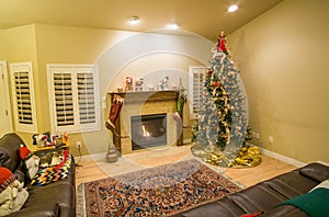 Beautiful Christmas tree and fireplace with cat relaxing on couch