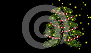 Beautiful Christmas tree with a garland and lanterns on a black background.