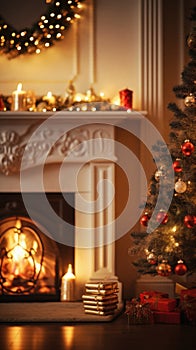 Beautiful Christmas tree with gifts near fireplace in room, closeup