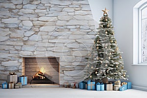 Beautiful Christmas tree with gifts near stone fireplace. Modern empty living room. Wall scene mockup. Winter background