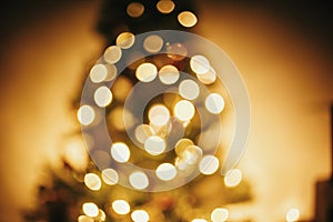 beautiful christmas tree golden lights in festive room. christmas abstract background, blur defocused bokeh of yellow glowing de